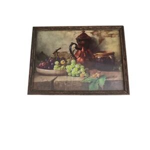 Vintage Still Life Grapes and Copper Teapot Framed Art Print 13.5x10.5